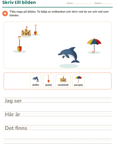 Förhandsvisning av Skriv till bilden-arbetsblad med Sommar för Årskurs 2