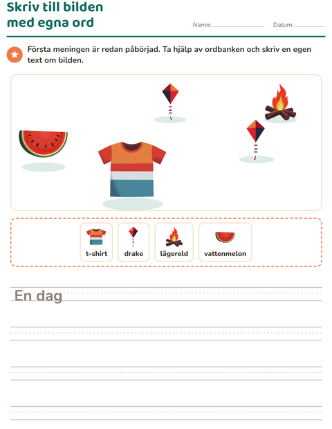 Förhandsvisning av Skriv till bilden-arbetsblad med Sommar för Årskurs 2