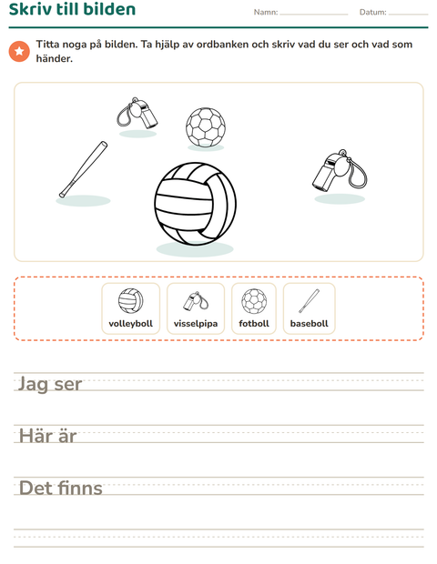 Förhandsvisning av Skriv till bilden-arbetsblad med Sport SV för Årskurs 2