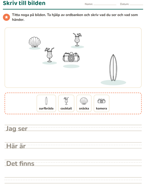 Förhandsvisning av Skriv till bilden-arbetsblad med Strand SV 2 för Årskurs 2