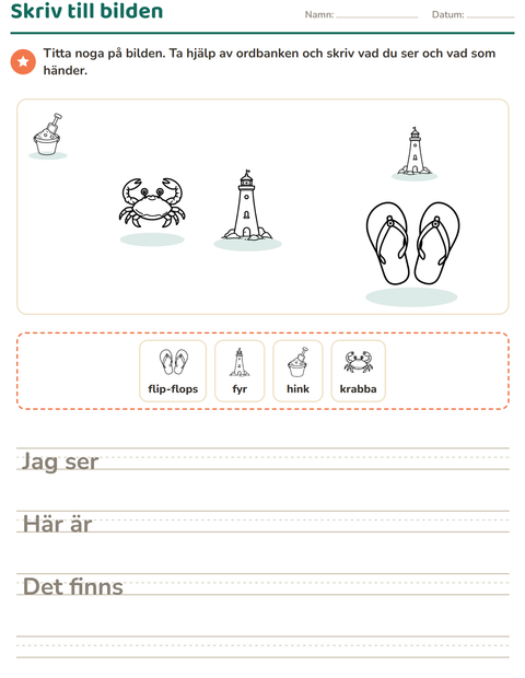 Förhandsvisning av Skriv till bilden-arbetsblad med Strand SV för Årskurs 2