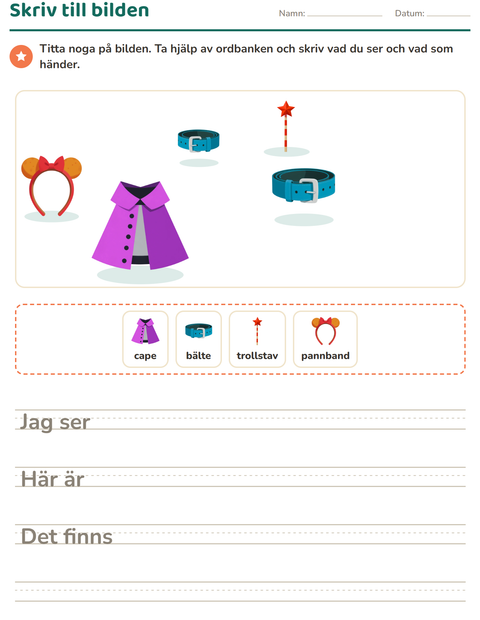 Förhandsvisning av Skriv till bilden-arbetsblad med Tillbehör för Årskurs 2