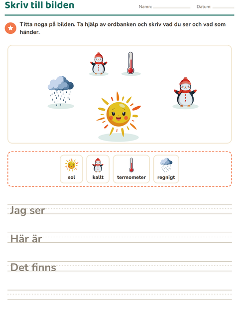 Förhandsvisning av Skriv till bilden-arbetsblad med Väder för Årskurs 2