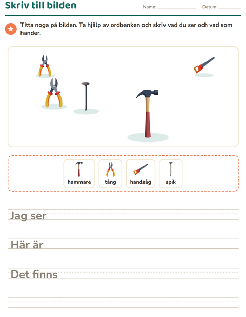 Förhandsvisning av Skriv till bilden-arbetsblad med Verktyg för Årskurs 2