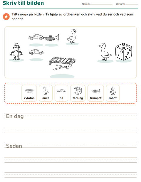 Förhandsvisning av Skriv till bilden-arbetsblad med Leksaker SV 2 för Årskurs 2