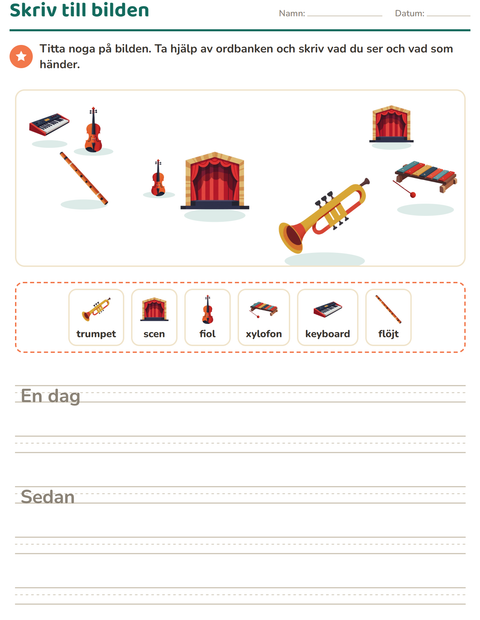 Förhandsvisning av Skriv till bilden-arbetsblad med Musik för Årskurs 2