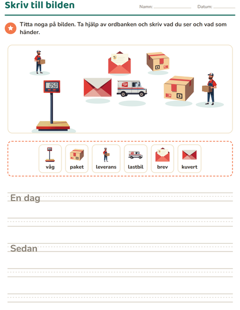 Förhandsvisning av Skriv till bilden-arbetsblad med Postkontor för Årskurs 2