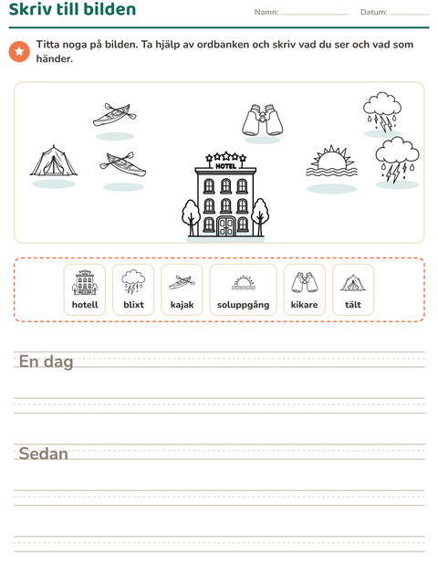 Förhandsvisning av Skriv till bilden-arbetsblad med Resor och Semester SV för Årskurs 2