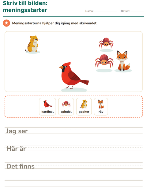 Förhandsvisning av Skriv till bilden-arbetsblad med Skogsdjur för Årskurs 2