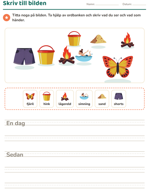 Förhandsvisning av Skriv till bilden-arbetsblad med Sommar för Årskurs 2