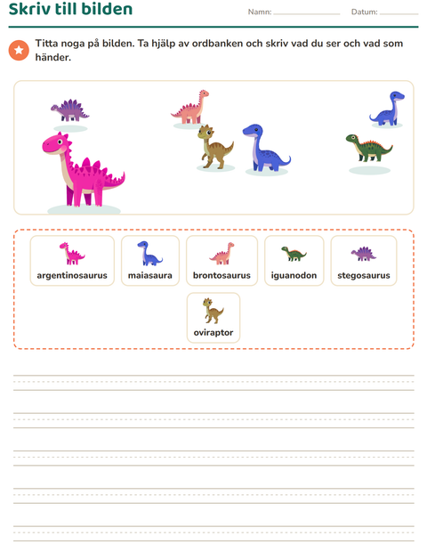 Förhandsvisning av Skriv till bilden-arbetsblad med Dinosaurier för Årskurs 2