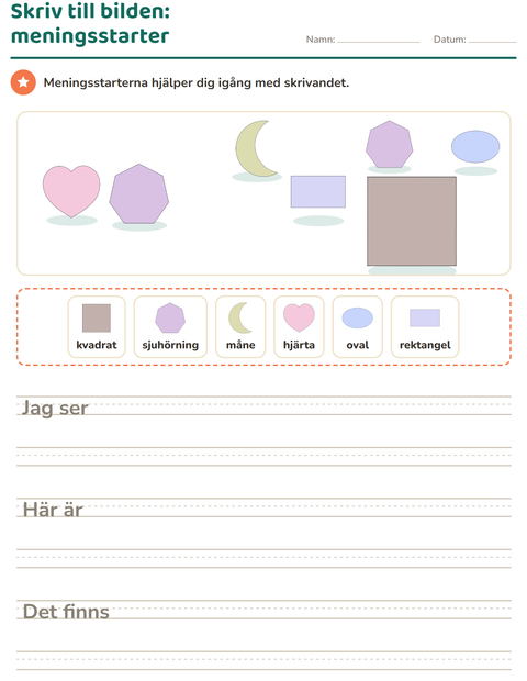 Förhandsvisning av Skriv till bilden-arbetsblad med Former för Årskurs 2