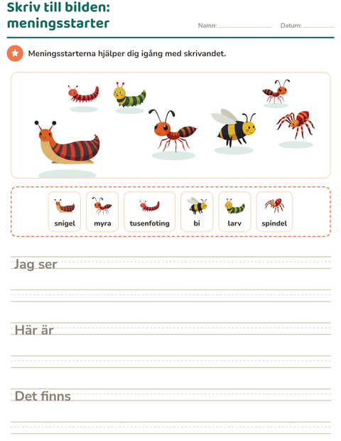 Förhandsvisning av Skriv till bilden-arbetsblad med Insekter och kryp för Årskurs 2