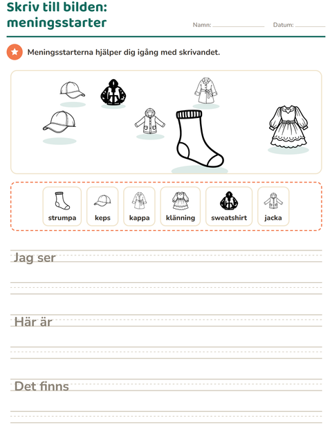 Förhandsvisning av Skriv till bilden-arbetsblad med Kläder SV för Årskurs 2