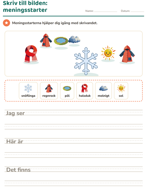 Förhandsvisning av Skriv till bilden-arbetsblad med Väder för Årskurs 2