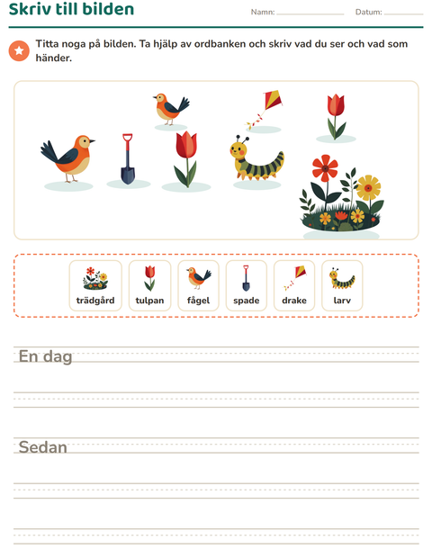 Förhandsvisning av Skriv till bilden-arbetsblad med Vår för Årskurs 2