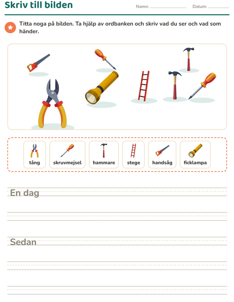 Förhandsvisning av Skriv till bilden-arbetsblad med Verktyg för Årskurs 2