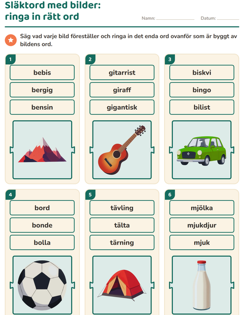 Förhandsvisning av Släktord, prefix och suffix-arbetsblad för Årskurs 1