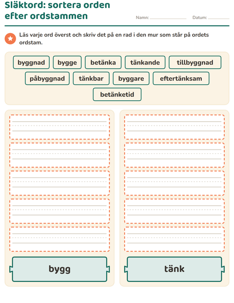 Förhandsvisning av Släktord, prefix och suffix-arbetsblad för Årskurs 2