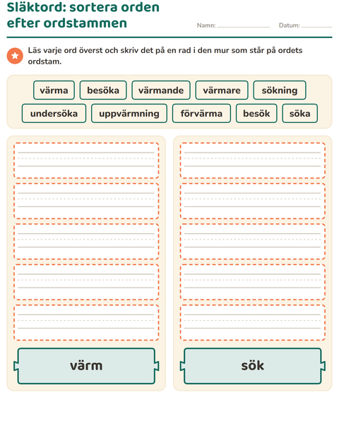 Förhandsvisning av Släktord, prefix och suffix-arbetsblad för Årskurs 2