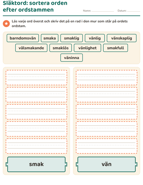 Förhandsvisning av Släktord, prefix och suffix-arbetsblad för Årskurs 2