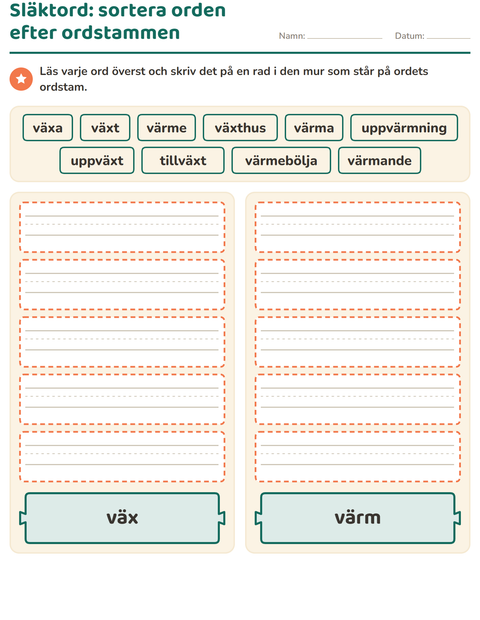 Förhandsvisning av Släktord, prefix och suffix-arbetsblad för Årskurs 2