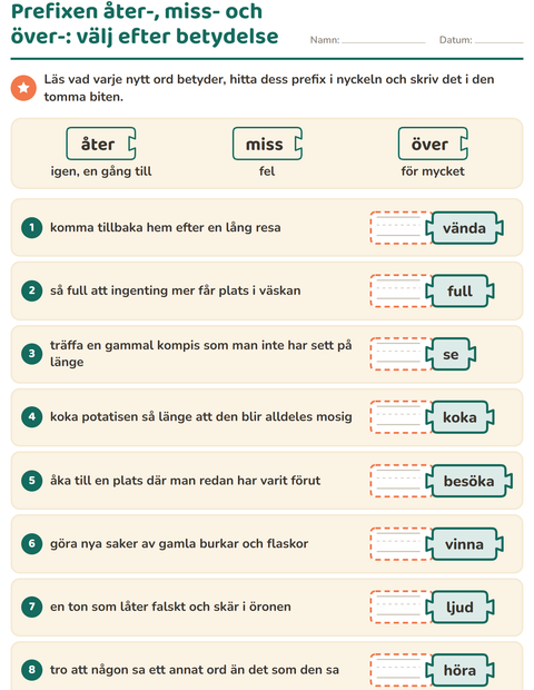 Förhandsvisning av Släktord, prefix och suffix-arbetsblad för Årskurs 2