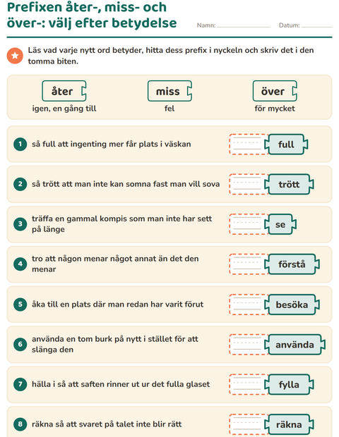 Förhandsvisning av Släktord, prefix och suffix-arbetsblad för Årskurs 2