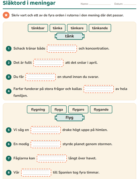 Förhandsvisning av Släktord, prefix och suffix-arbetsblad för Årskurs 3