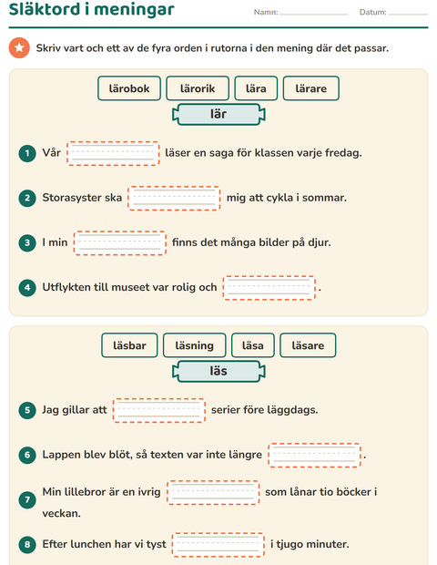 Förhandsvisning av Släktord, prefix och suffix-arbetsblad för Årskurs 3