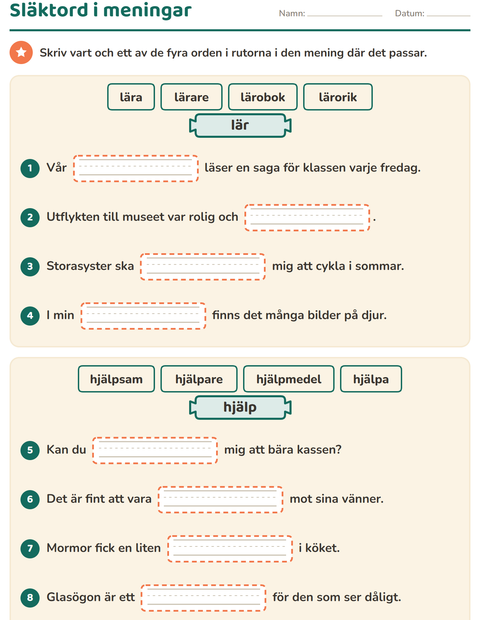 Förhandsvisning av Släktord, prefix och suffix-arbetsblad för Årskurs 3