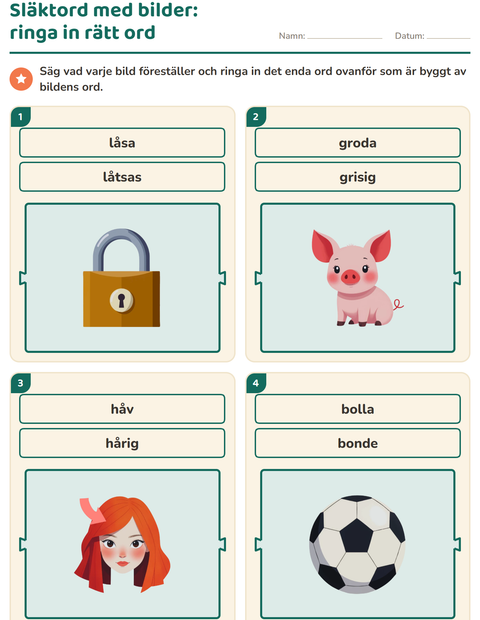 Förhandsvisning av Släktord, prefix och suffix-arbetsblad för Årskurs 1