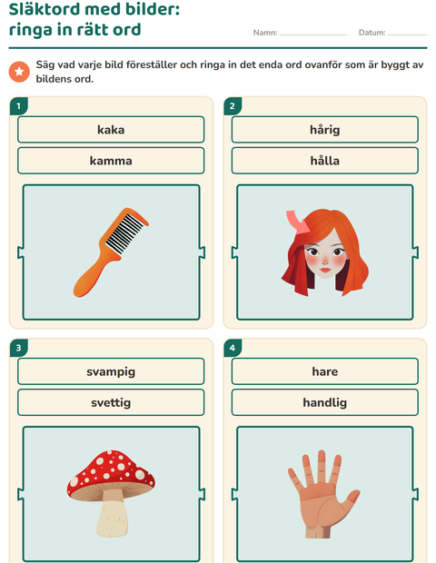 Förhandsvisning av Släktord, prefix och suffix-arbetsblad för Årskurs 1