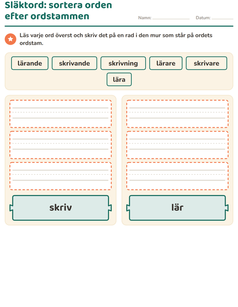 Förhandsvisning av Släktord, prefix och suffix-arbetsblad för Årskurs 2