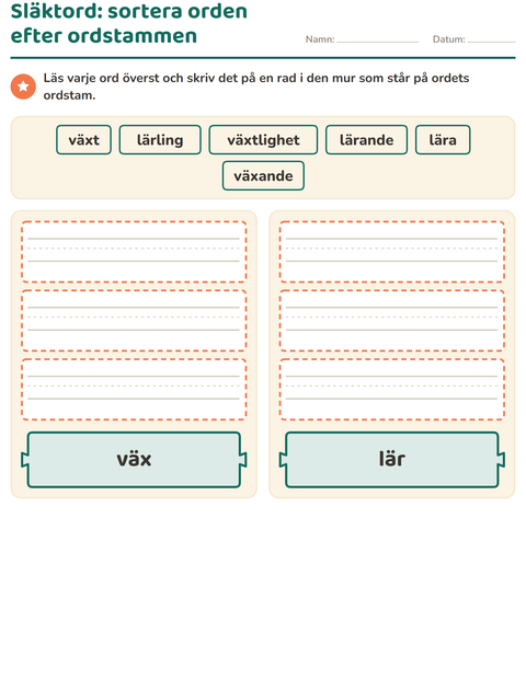 Förhandsvisning av Släktord, prefix och suffix-arbetsblad för Årskurs 2