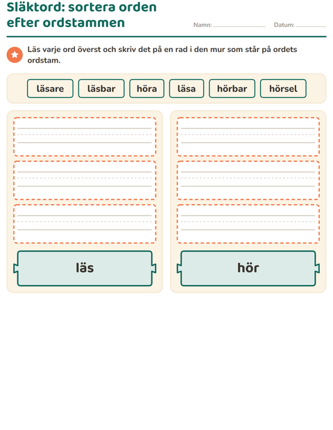 Förhandsvisning av Släktord, prefix och suffix-arbetsblad för Årskurs 2