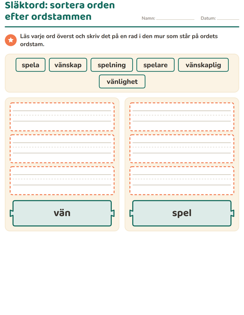 Förhandsvisning av Släktord, prefix och suffix-arbetsblad för Årskurs 2