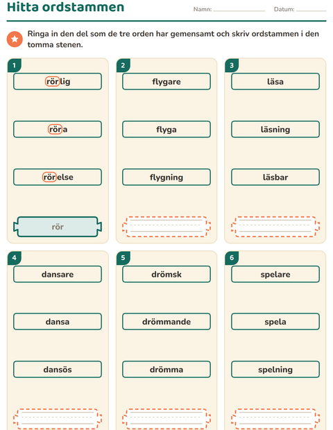 Förhandsvisning av Släktord, prefix och suffix-arbetsblad för Årskurs 2
