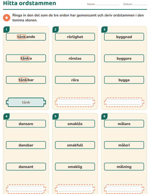 Förhandsvisning av Släktord, prefix och suffix-arbetsblad för Årskurs 2