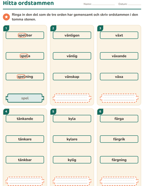 Förhandsvisning av Släktord, prefix och suffix-arbetsblad för Årskurs 2