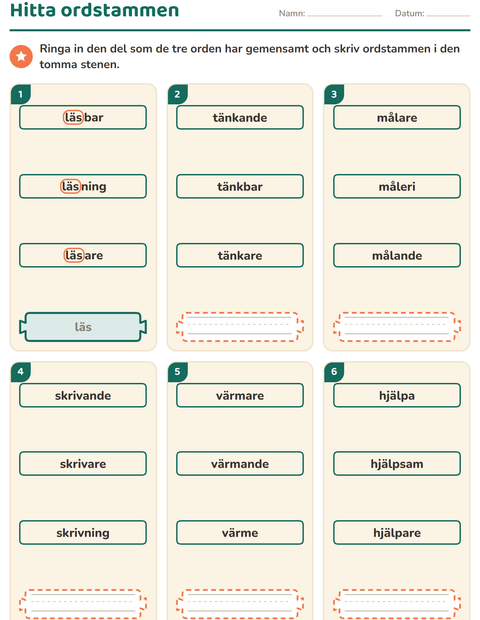 Förhandsvisning av Släktord, prefix och suffix-arbetsblad för Årskurs 2