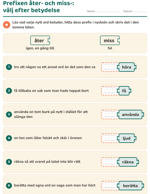 Förhandsvisning av Släktord, prefix och suffix-arbetsblad för Årskurs 2