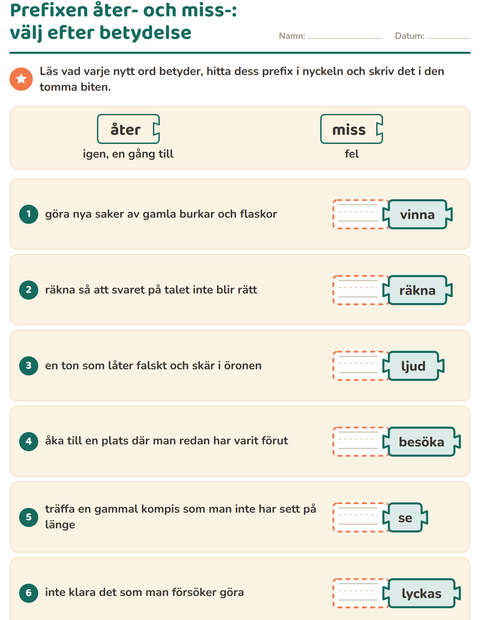 Förhandsvisning av Släktord, prefix och suffix-arbetsblad för Årskurs 2