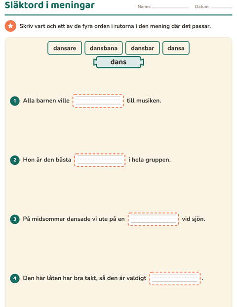 Förhandsvisning av Släktord, prefix och suffix-arbetsblad för Årskurs 3