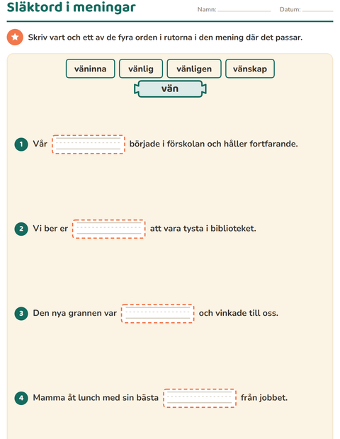 Förhandsvisning av Släktord, prefix och suffix-arbetsblad för Årskurs 3