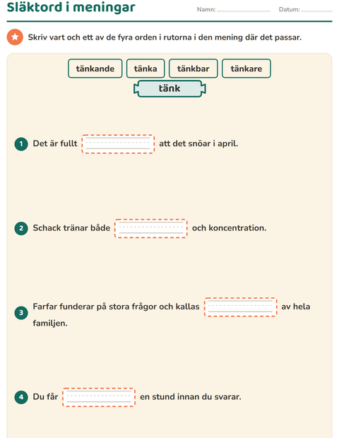 Förhandsvisning av Släktord, prefix och suffix-arbetsblad för Årskurs 3