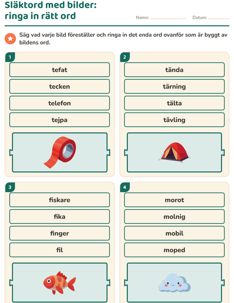 Förhandsvisning av Släktord, prefix och suffix-arbetsblad för Årskurs 1