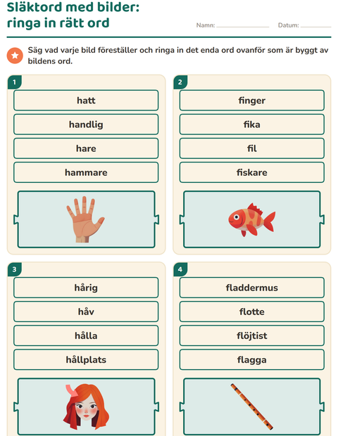 Förhandsvisning av Släktord, prefix och suffix-arbetsblad för Årskurs 1