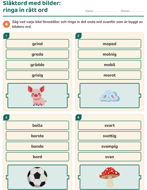 Förhandsvisning av Släktord, prefix och suffix-arbetsblad för Årskurs 1