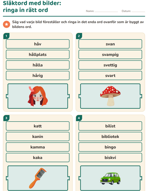 Förhandsvisning av Släktord, prefix och suffix-arbetsblad för Årskurs 1